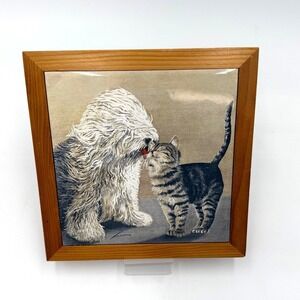 VTG Komondor Dog Licking Kitty Cat Lowell Herrero Ceramic Framed Tile/Trivet